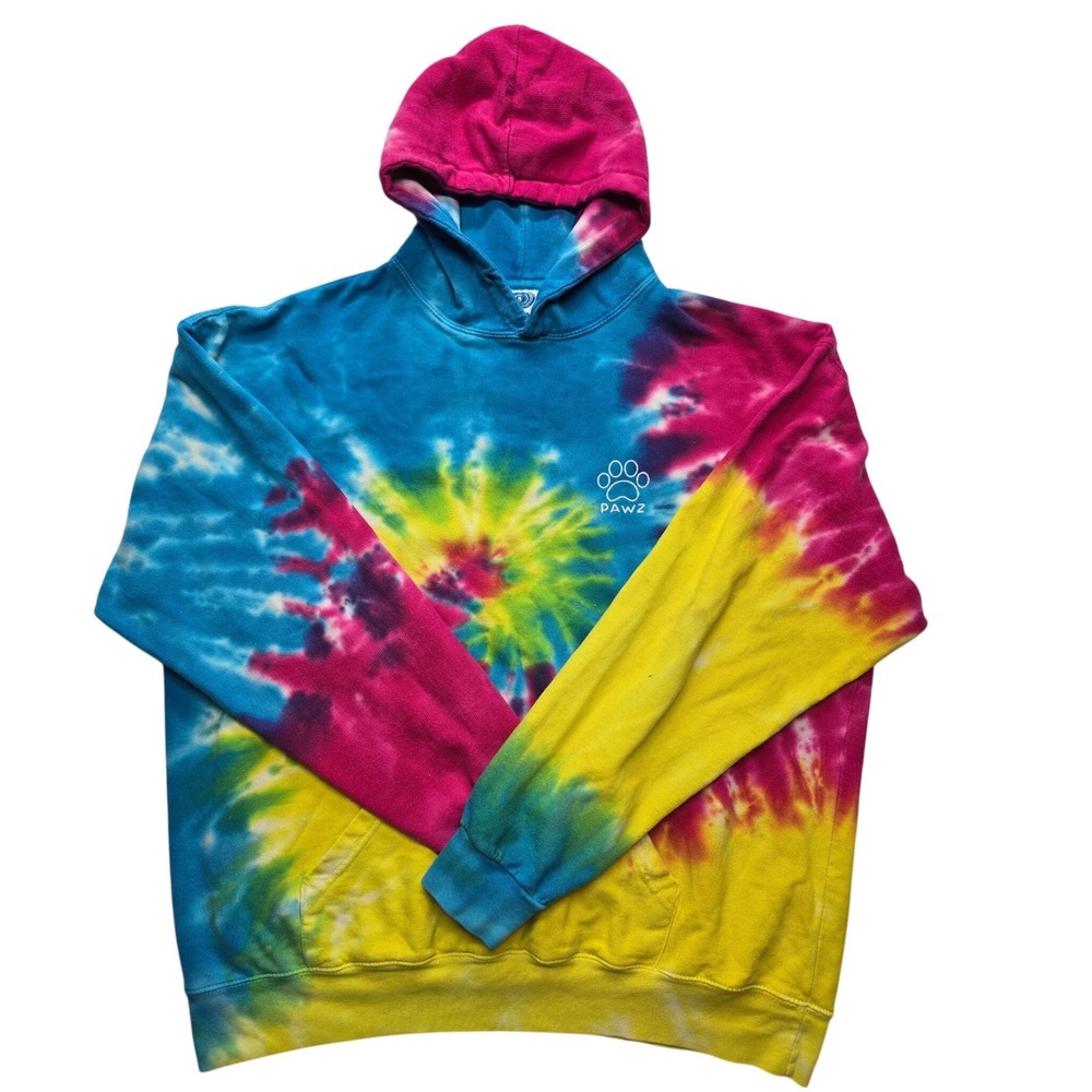 Pawz Tie Dye‎ Hoodie Vibrant Spiral Paw Print Graphic Pullover Multicolor XL
